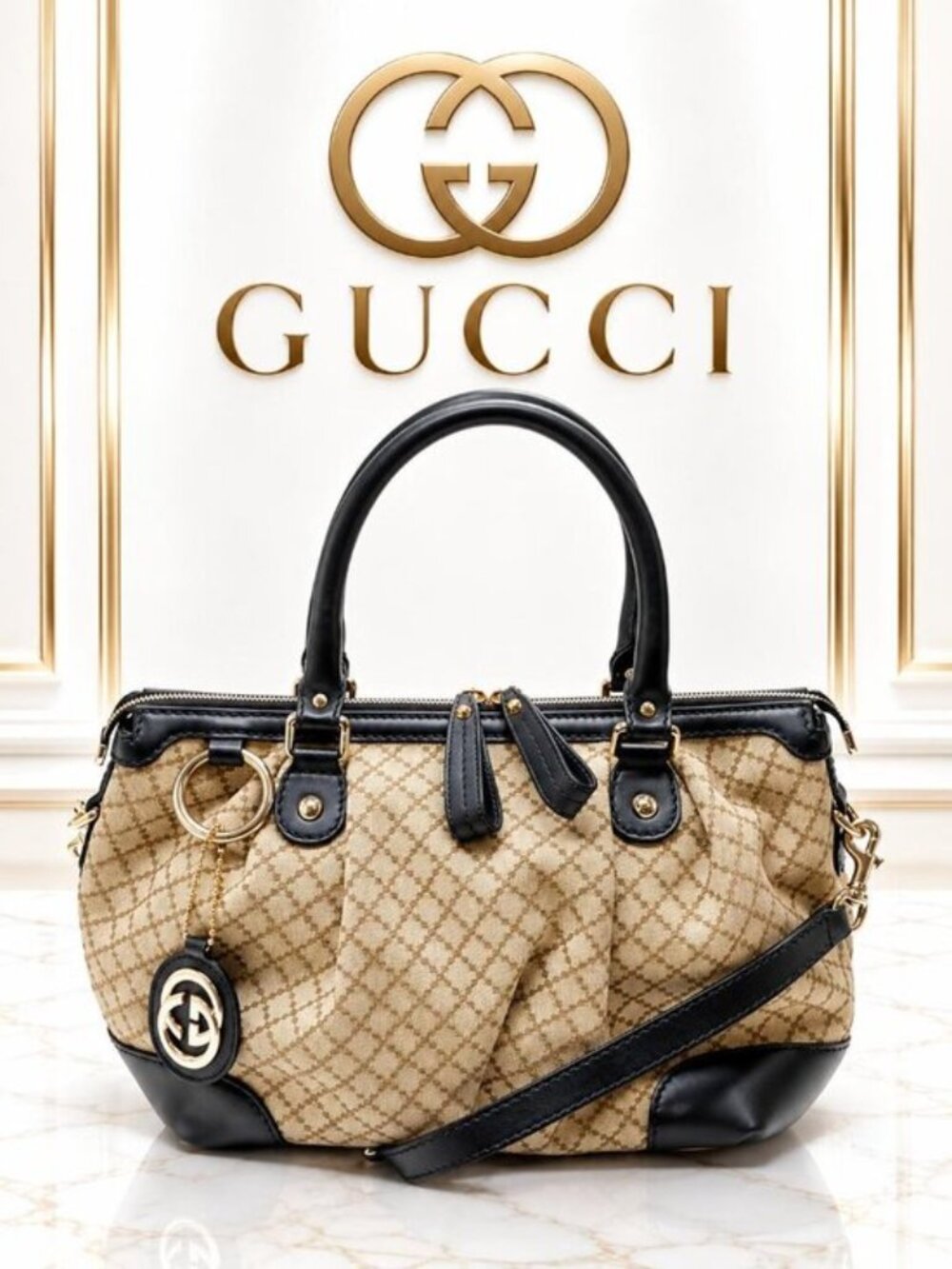 Authentic Gucci Sukey GG Canvas Beige Black Leather Boston Satchel/Shoulder Bag
